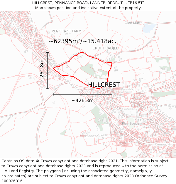 HILLCREST, PENNANCE ROAD, LANNER, REDRUTH, TR16 5TF: Plot and title map