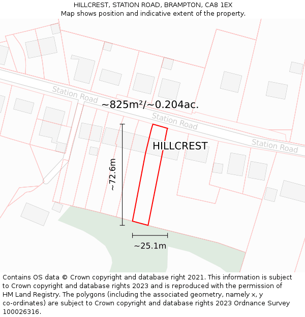 HILLCREST, STATION ROAD, BRAMPTON, CA8 1EX: Plot and title map