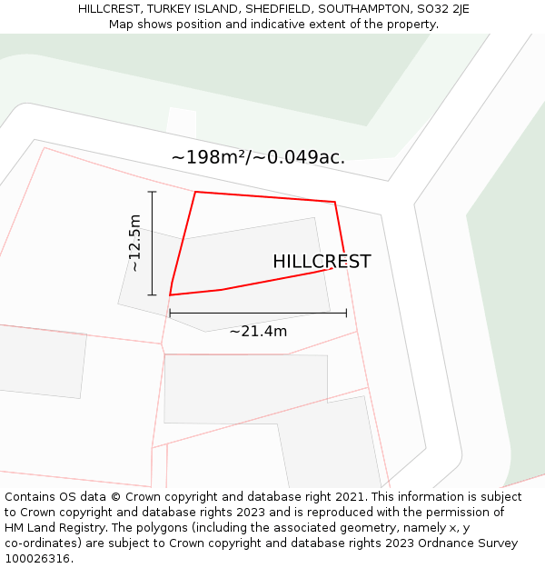 HILLCREST, TURKEY ISLAND, SHEDFIELD, SOUTHAMPTON, SO32 2JE: Plot and title map