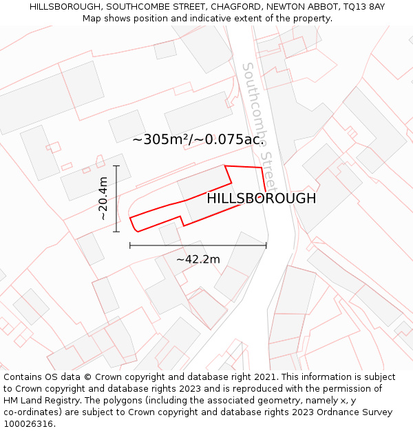 HILLSBOROUGH, SOUTHCOMBE STREET, CHAGFORD, NEWTON ABBOT, TQ13 8AY: Plot and title map