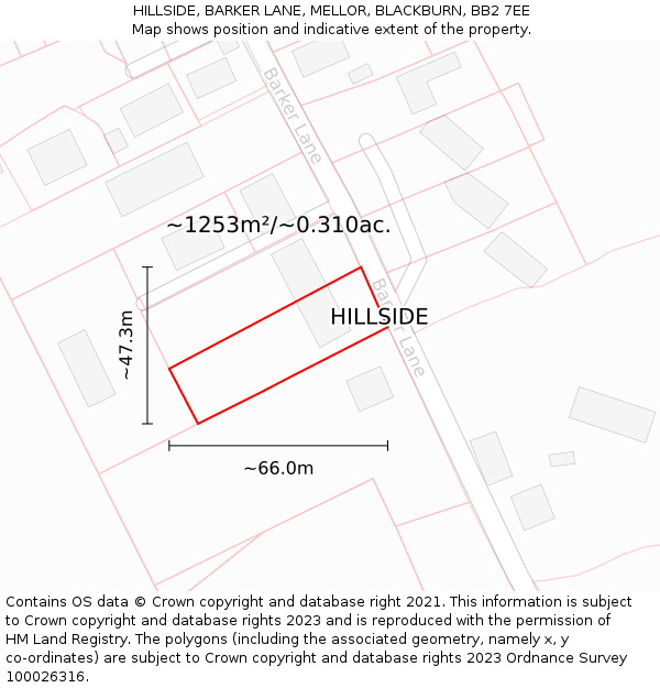 HILLSIDE, BARKER LANE, MELLOR, BLACKBURN, BB2 7EE: Plot and title map