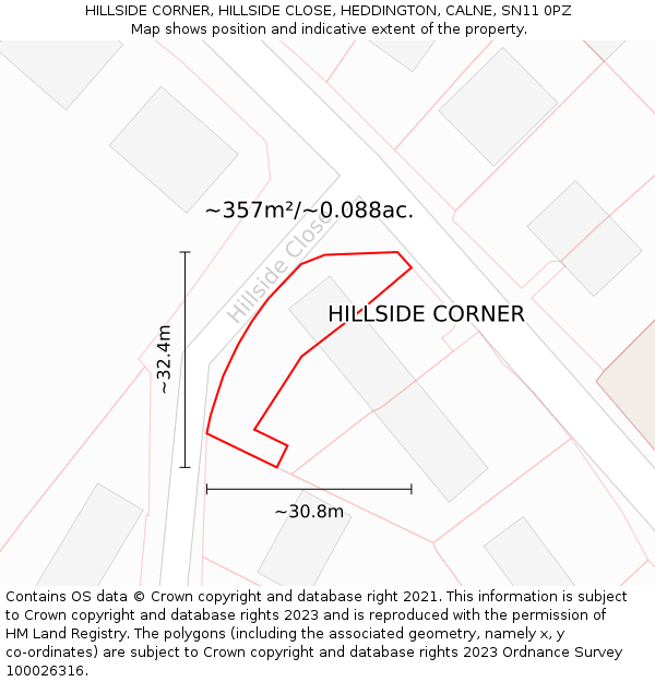 HILLSIDE CORNER, HILLSIDE CLOSE, HEDDINGTON, CALNE, SN11 0PZ: Plot and title map