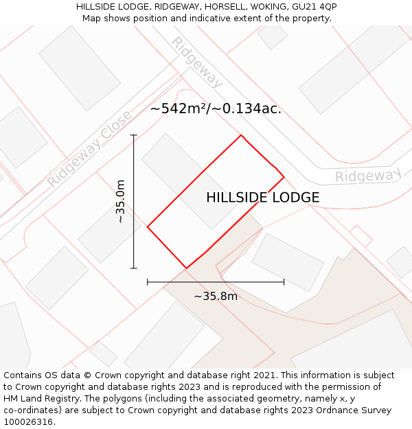 HILLSIDE LODGE, RIDGEWAY, HORSELL, WOKING, GU21 4QP: Plot and title map