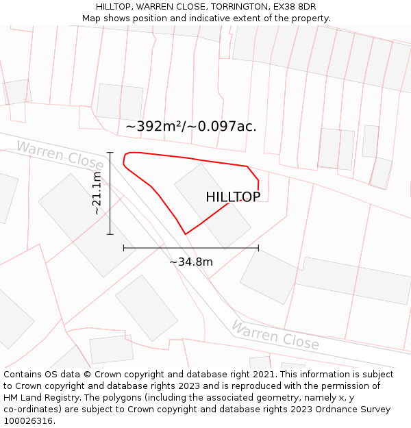 HILLTOP, WARREN CLOSE, TORRINGTON, EX38 8DR: Plot and title map