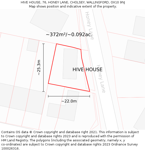 HIVE HOUSE, 76, HONEY LANE, CHOLSEY, WALLINGFORD, OX10 9NJ: Plot and title map