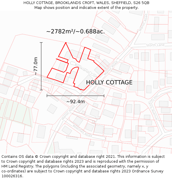 HOLLY COTTAGE, BROOKLANDS CROFT, WALES, SHEFFIELD, S26 5QB: Plot and title map