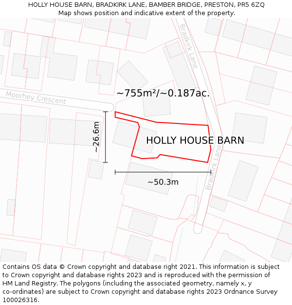 HOLLY HOUSE BARN, BRADKIRK LANE, BAMBER BRIDGE, PRESTON, PR5 6ZQ: Plot and title map