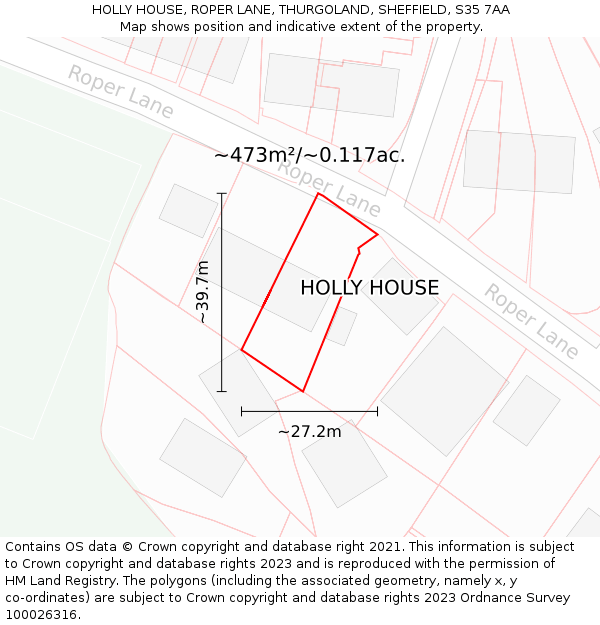 HOLLY HOUSE, ROPER LANE, THURGOLAND, SHEFFIELD, S35 7AA: Plot and title map