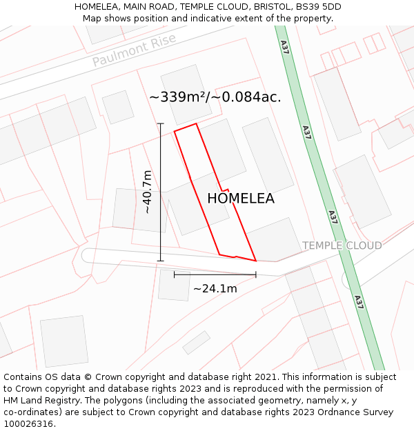 HOMELEA, MAIN ROAD, TEMPLE CLOUD, BRISTOL, BS39 5DD: Plot and title map