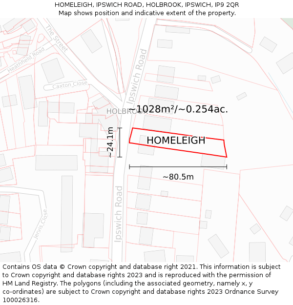HOMELEIGH, IPSWICH ROAD, HOLBROOK, IPSWICH, IP9 2QR: Plot and title map