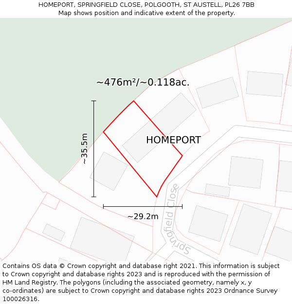 HOMEPORT, SPRINGFIELD CLOSE, POLGOOTH, ST AUSTELL, PL26 7BB: Plot and title map