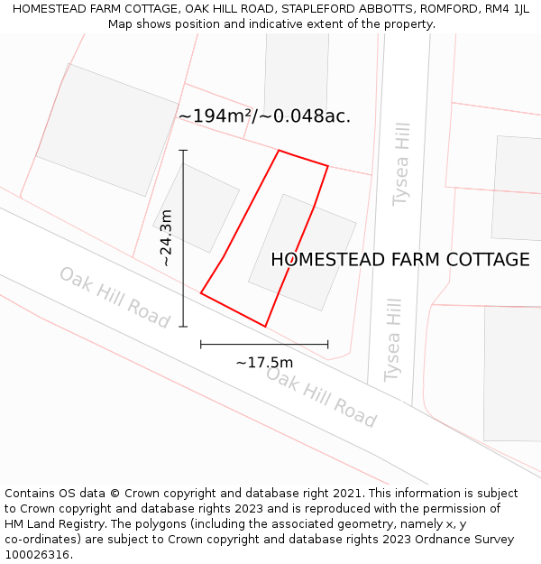 HOMESTEAD FARM COTTAGE, OAK HILL ROAD, STAPLEFORD ABBOTTS, ROMFORD, RM4 1JL: Plot and title map