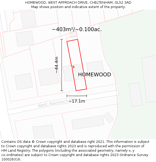 HOMEWOOD, WEST APPROACH DRIVE, CHELTENHAM, GL52 3AD: Plot and title map