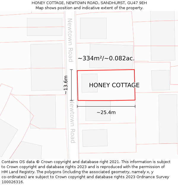 HONEY COTTAGE, NEWTOWN ROAD, SANDHURST, GU47 9EH: Plot and title map