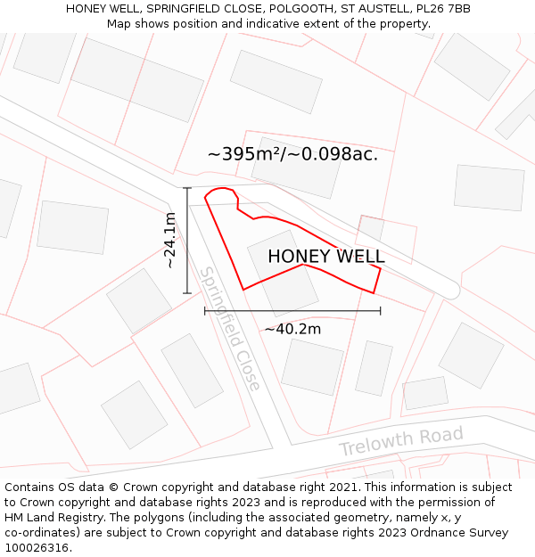 HONEY WELL, SPRINGFIELD CLOSE, POLGOOTH, ST AUSTELL, PL26 7BB: Plot and title map