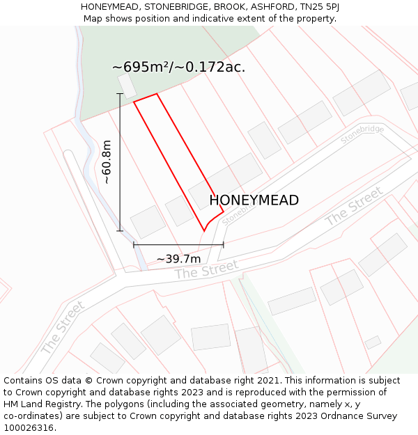HONEYMEAD, STONEBRIDGE, BROOK, ASHFORD, TN25 5PJ: Plot and title map
