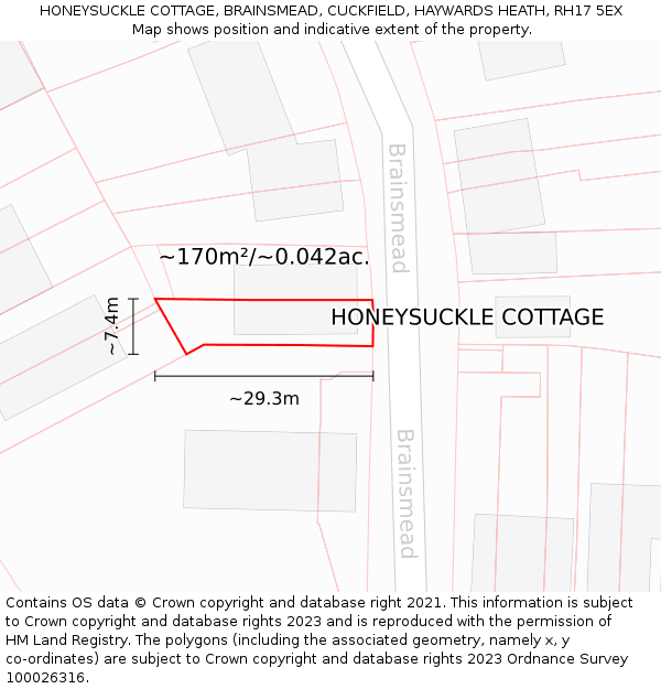 HONEYSUCKLE COTTAGE, BRAINSMEAD, CUCKFIELD, HAYWARDS HEATH, RH17 5EX: Plot and title map
