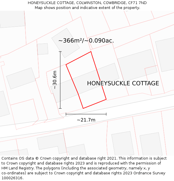 HONEYSUCKLE COTTAGE, COLWINSTON, COWBRIDGE, CF71 7ND: Plot and title map
