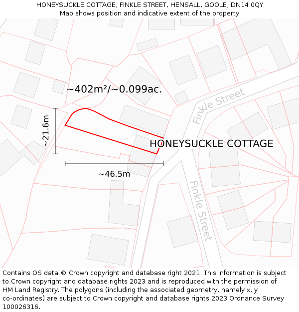 HONEYSUCKLE COTTAGE, FINKLE STREET, HENSALL, GOOLE, DN14 0QY: Plot and title map