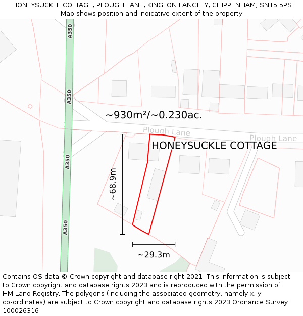 HONEYSUCKLE COTTAGE, PLOUGH LANE, KINGTON LANGLEY, CHIPPENHAM, SN15 5PS: Plot and title map