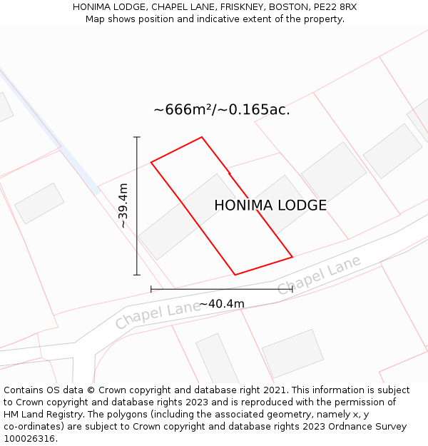 HONIMA LODGE, CHAPEL LANE, FRISKNEY, BOSTON, PE22 8RX: Plot and title map