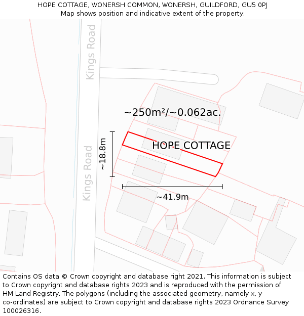 HOPE COTTAGE, WONERSH COMMON, WONERSH, GUILDFORD, GU5 0PJ: Plot and title map