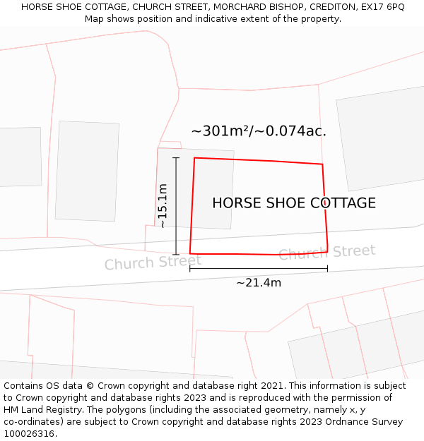 HORSE SHOE COTTAGE, CHURCH STREET, MORCHARD BISHOP, CREDITON, EX17 6PQ: Plot and title map
