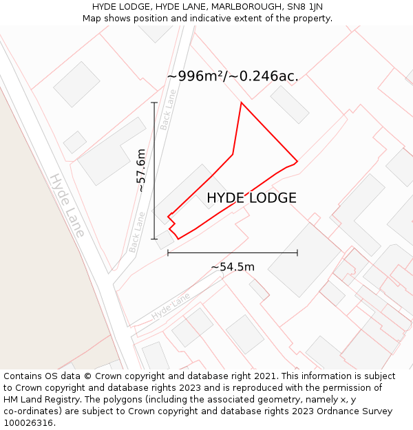 HYDE LODGE, HYDE LANE, MARLBOROUGH, SN8 1JN: Plot and title map
