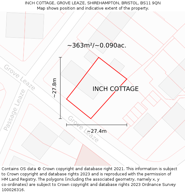INCH COTTAGE, GROVE LEAZE, SHIREHAMPTON, BRISTOL, BS11 9QN: Plot and title map