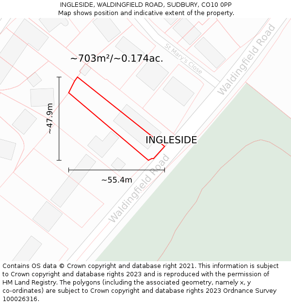 INGLESIDE, WALDINGFIELD ROAD, SUDBURY, CO10 0PP: Plot and title map