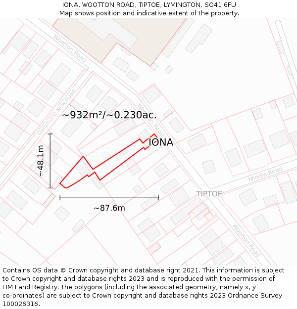 IONA, WOOTTON ROAD, TIPTOE, LYMINGTON, SO41 6FU: Plot and title map