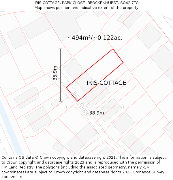 IRIS COTTAGE, PARK CLOSE, BROCKENHURST, SO42 7TG: Plot and title map