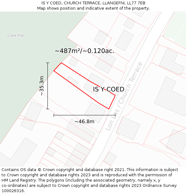 IS Y COED, CHURCH TERRACE, LLANGEFNI, LL77 7EB: Plot and title map