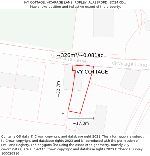 IVY COTTAGE, VICARAGE LANE, ROPLEY, ALRESFORD, SO24 0DU: Plot and title map