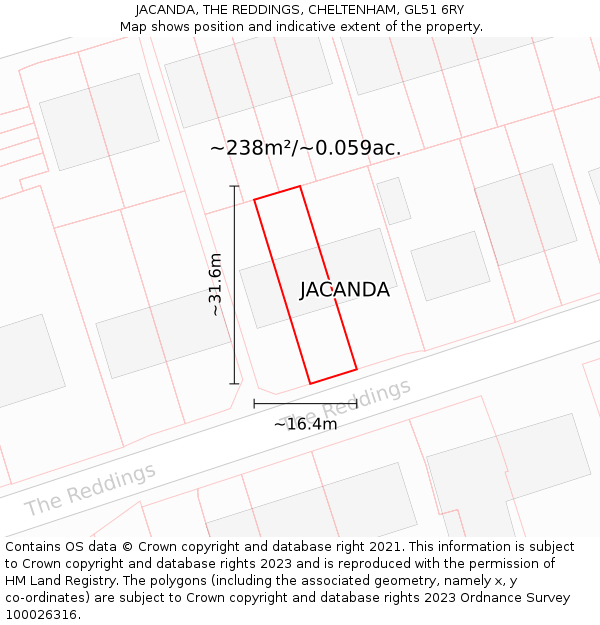 JACANDA, THE REDDINGS, CHELTENHAM, GL51 6RY: Plot and title map
