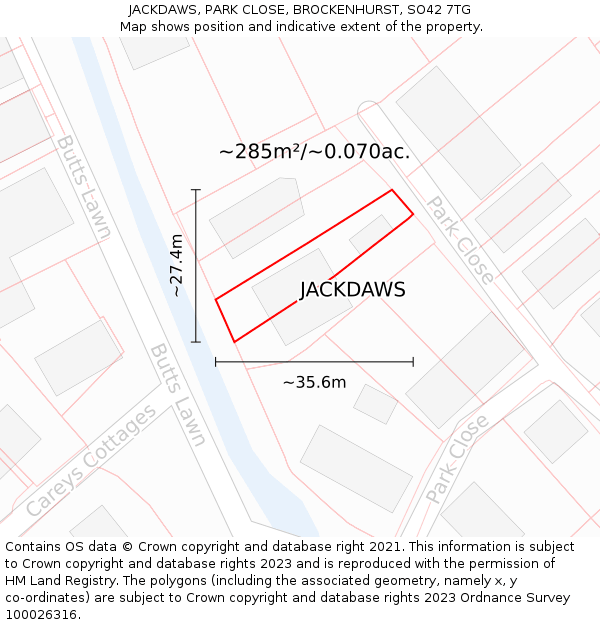 JACKDAWS, PARK CLOSE, BROCKENHURST, SO42 7TG: Plot and title map