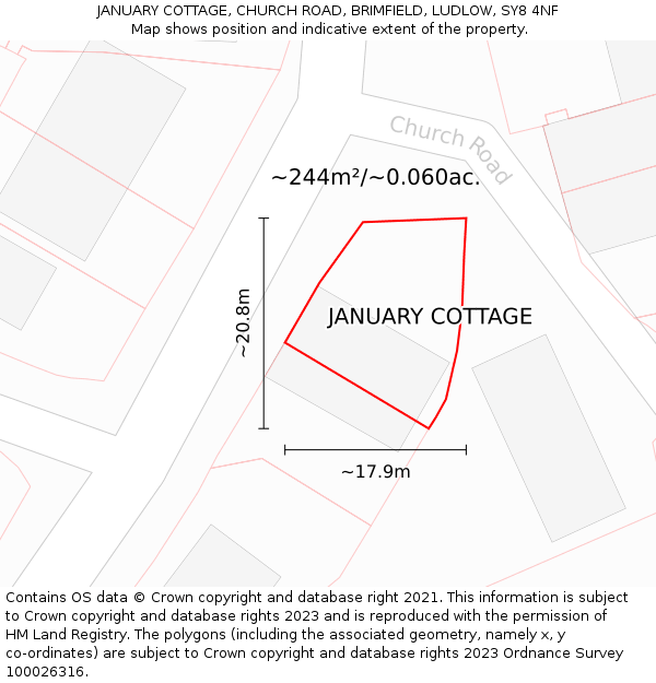 JANUARY COTTAGE, CHURCH ROAD, BRIMFIELD, LUDLOW, SY8 4NF: Plot and title map