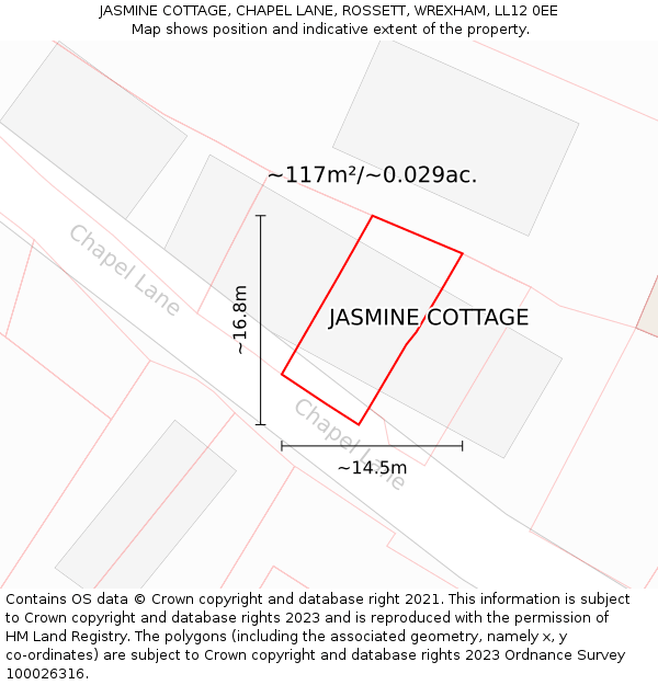 JASMINE COTTAGE, CHAPEL LANE, ROSSETT, WREXHAM, LL12 0EE: Plot and title map