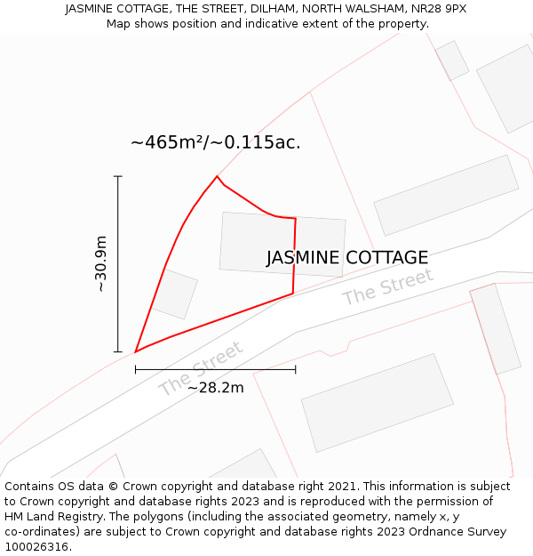 JASMINE COTTAGE, THE STREET, DILHAM, NORTH WALSHAM, NR28 9PX: Plot and title map