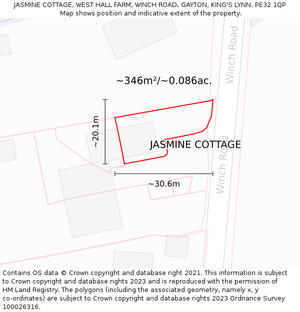 JASMINE COTTAGE, WEST HALL FARM, WINCH ROAD, GAYTON, KING'S LYNN, PE32 1QP: Plot and title map