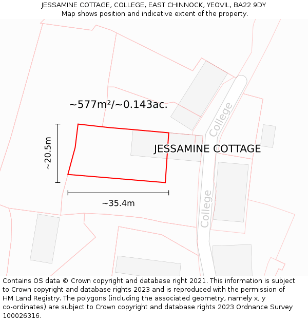 JESSAMINE COTTAGE, COLLEGE, EAST CHINNOCK, YEOVIL, BA22 9DY: Plot and title map