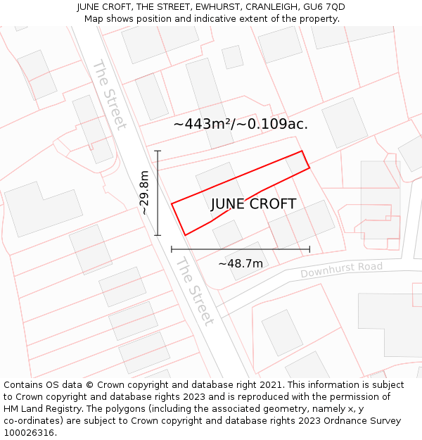 JUNE CROFT, THE STREET, EWHURST, CRANLEIGH, GU6 7QD: Plot and title map