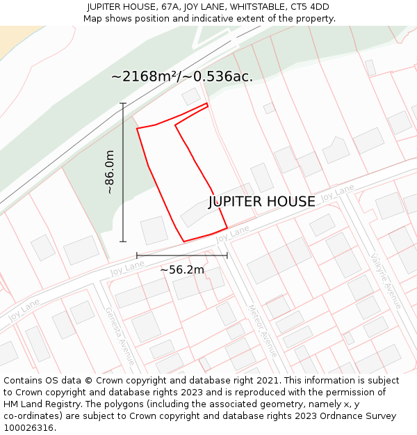 JUPITER HOUSE, 67A, JOY LANE, WHITSTABLE, CT5 4DD: Plot and title map