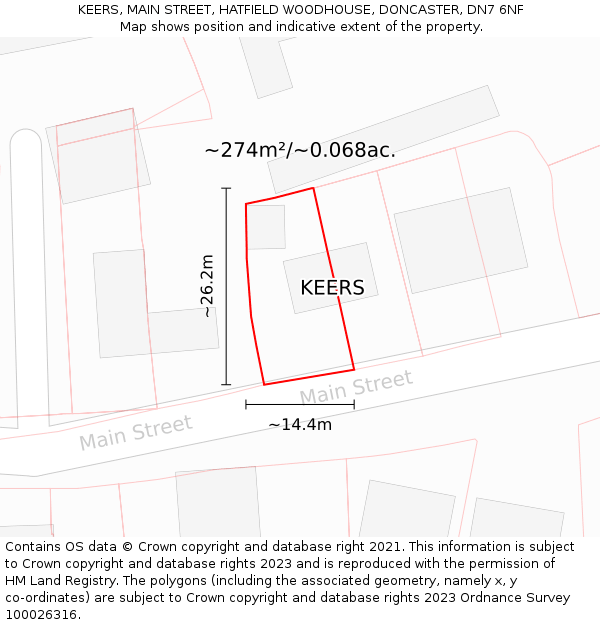 KEERS, MAIN STREET, HATFIELD WOODHOUSE, DONCASTER, DN7 6NF: Plot and title map