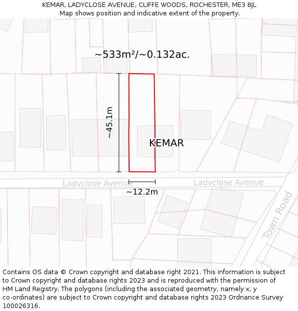 KEMAR, LADYCLOSE AVENUE, CLIFFE WOODS, ROCHESTER, ME3 8JL: Plot and title map
