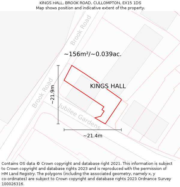 KINGS HALL, BROOK ROAD, CULLOMPTON, EX15 1DS: Plot and title map