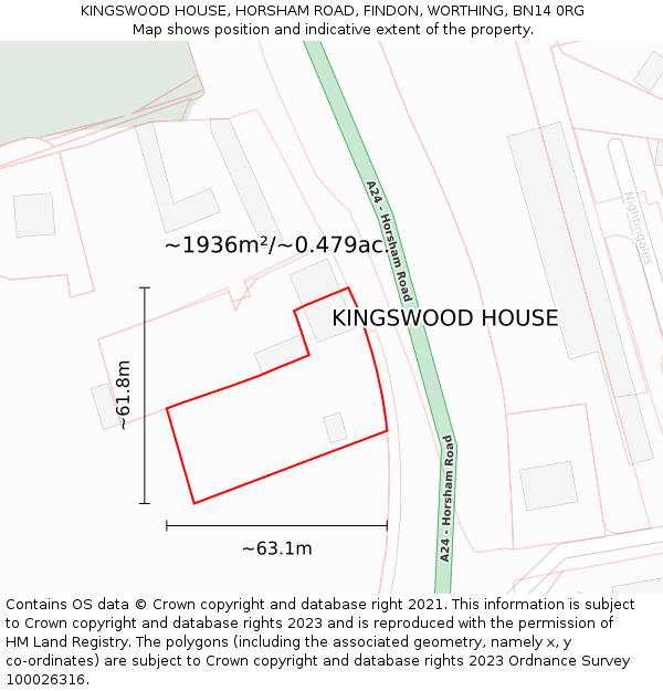 KINGSWOOD HOUSE, HORSHAM ROAD, FINDON, WORTHING, BN14 0RG: Plot and title map