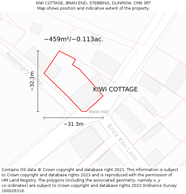 KIWI COTTAGE, BRAN END, STEBBING, DUNMOW, CM6 3RT: Plot and title map