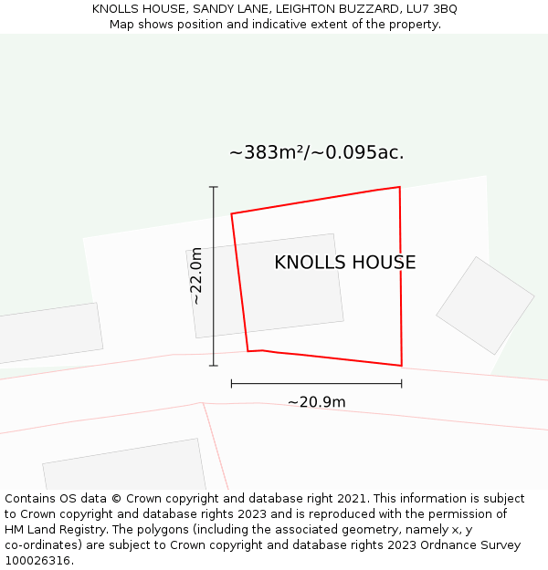 KNOLLS HOUSE, SANDY LANE, LEIGHTON BUZZARD, LU7 3BQ: Plot and title map