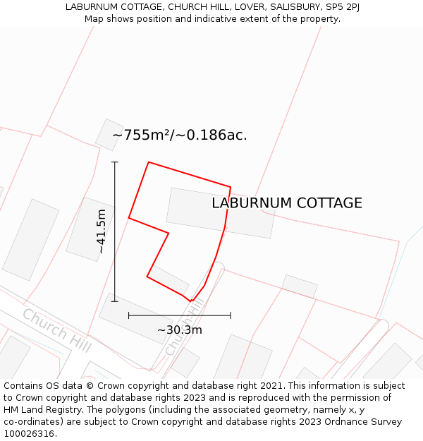 LABURNUM COTTAGE, CHURCH HILL, LOVER, SALISBURY, SP5 2PJ: Plot and title map